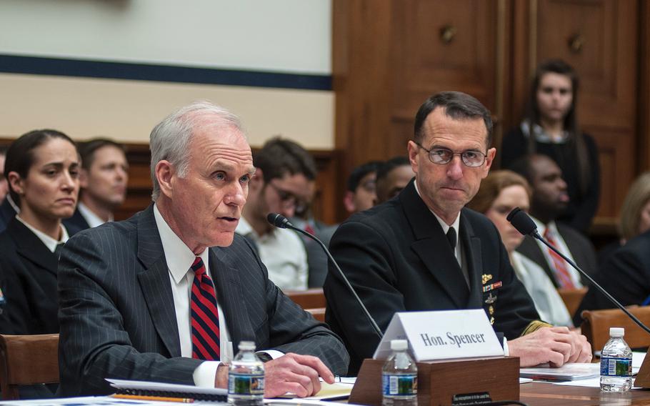 Secretary of the Navy Richard Spencer, left, answers questions during a House Committee on Armed Services hearing on Capitol Hill in Washington, D.C., on Thursday, Jan. 18, as Chief of Naval Operations Adm. John Richardson looks on.