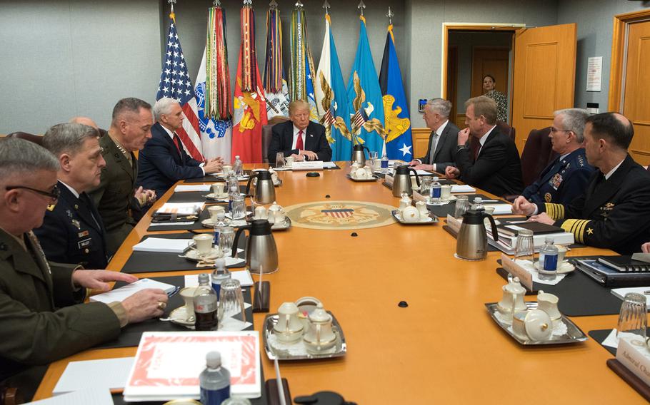 President Donald Trump speaks with Defense Secretary James N. Mattis  and Pentagon senior leaders during a meeting at the Pentagon in Washington, D.C., Jan. 18, 2018.