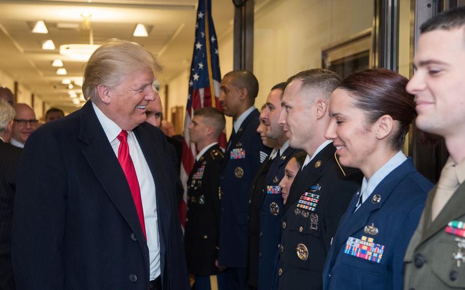President Donald Trump speaks to servicemembers after a meeting at the Pentagon in Washington, D.C., Jan. 18, 2018.