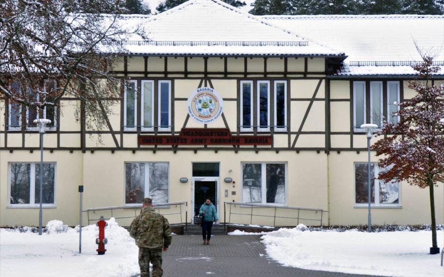 The headquarters building of U.S. Army Garrison Bavaria, Grafenwoehr, Germany, where several service were closed because of the shutdown of the federal government, Monday, Jan. 22, 2018.
 
