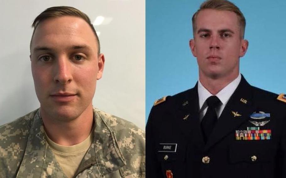 U.S. Army 1st Lt. Clayton Cullen, left, and Chief Warrant Officer 2 Kevin Burke were killed Saturday, Jan. 22, 2018, in a helicopter crash at Fort Irwin, Calif. 
