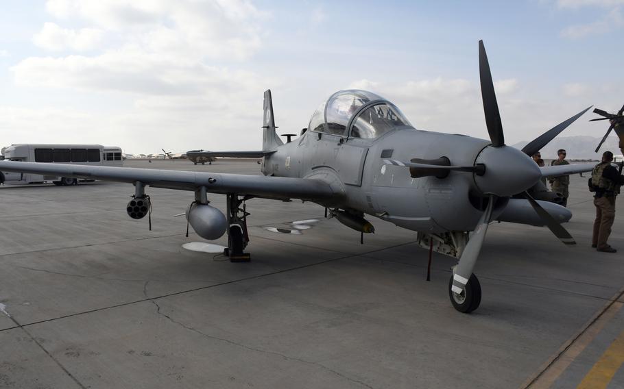An A-29 Super Tucano of the Afghan air force on the tarmac  at Kandahar Air Field, Afghanistan, Tuesday, Jan. 23, 2018. The planes can be armed with conventional or smart bombs, machine guns and rockets.

