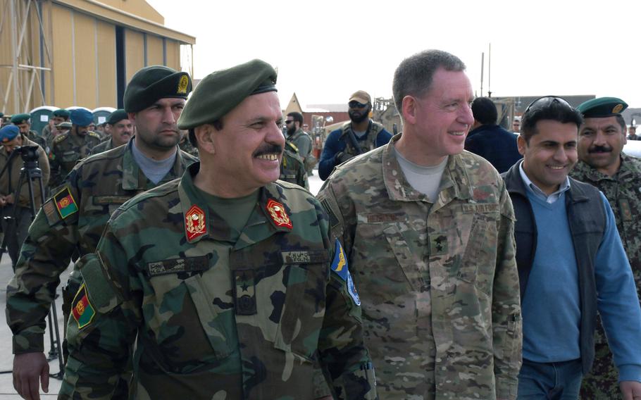 Maj. Gen. Mohammad Shoaib, Afghan air force commander, left, and Maj. Gen. James Hecker at Kandahar Air Field, Afghanistan, Tuesday, Jan. 23, 2018. 

