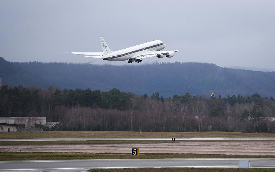 NASA's DC-8 Airborne Science Laboratory takes off at Ramstein Air Base, Germany, during a joint research flight on Wednesday, Jan. 24, 2018.

