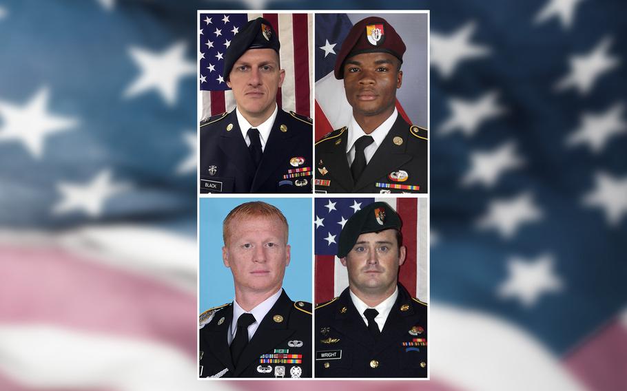From left, Staff Sgt. Bryan C. Black, 35, of Puyallup, Wash.; Sgt. La David Johnson of Miami Gardens, Fla.; Staff Sgt. Jeremiah W. Johnson, 39, of Springboro, Ohio and Staff Sgt. Dustin M. Wright, 29, of Lyons, Ga. All four were killed in Niger, when a joint patrol of American and Niger forces was ambushed on Oct. 4, 2017, by militants believed linked to the Islamic State group. 