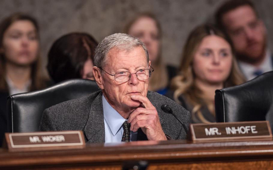 Sen. Jim Inhofe, R-Okla., listens to testimony from three former high-ranking State Department officials during a Senate Armed Services heaing on U.S. security strategy on Thursday, Jan. 25, 2018, on Capitol Hill in Washington, D.C. "Now more than ever," Inhofe said, "the challenges of today's world require strategic vision."