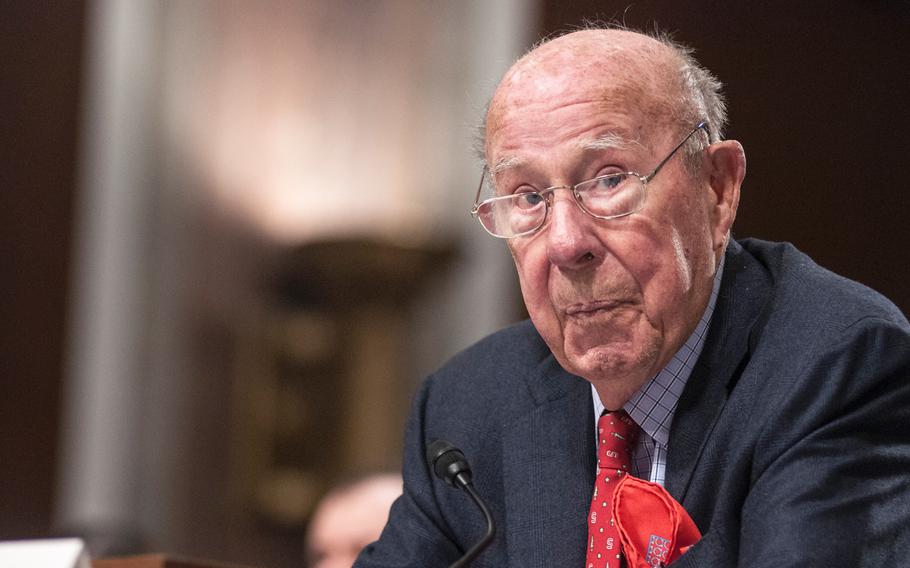 Former Secretary of State George Shultz addresses members of the Senate Armed Services Committee on Capitol Hill in Washington, D.C., on Thursday, Jan. 25, 2018.