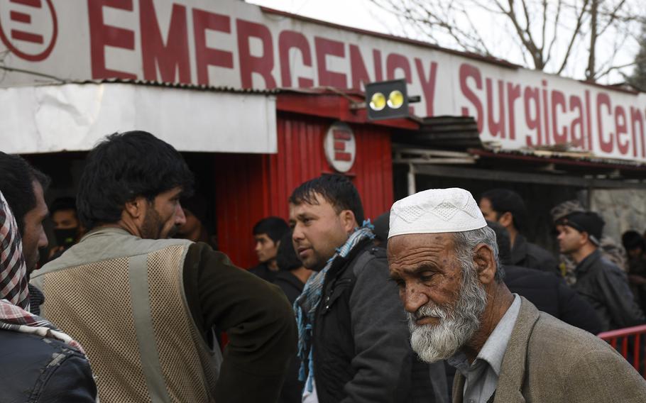 Afghans crowd outside Emergency hospital in Kabul, Afghanistan, on Saturday, Jan. 27, 2018, following a ambulance-borne bomb blast earlier in the day in an area of the city teeming with people. 
Chad Garland/Stars and Stripes
