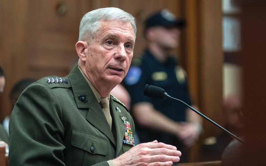 Gen. Thomas Waldhauser, commander of the U.S. Africa Command, testifies before the House Committee on Armed Services during a hearing Tuesday, March 6, 2018, on Capitol Hill in Washington, D.C. Waldhauser told lawmakers that he predicts China will expand beyond Djibouti, where it now operates just “outside our gate.”