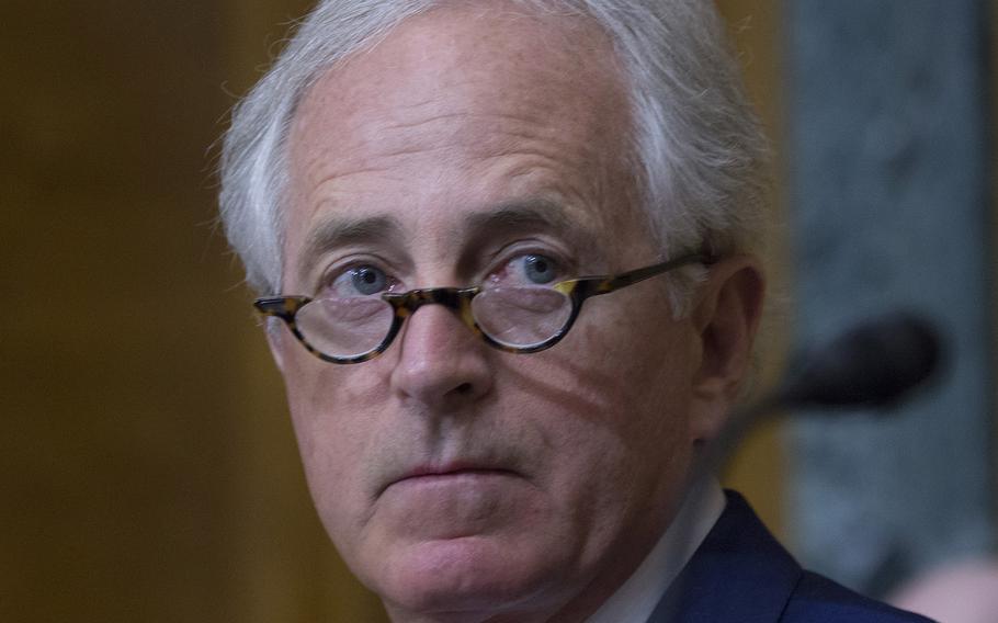 Sen. Bob Corker, R-Tenn., listens during a Senate Budget Committee hearing on Capitol Hill, March 7, 2018. “How in the world is it that in 2018, with all the massive capabilities the Pentagon has, this is the first time the Pentagon is able to conduct an audit?" Corker asked two DOD officials.

