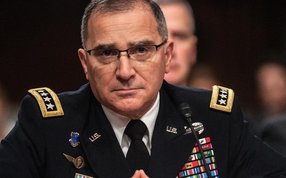 U.S. European Commander Gen. Curtis Scaparrotti listens to a question during a Senate Armed Services Committee hearing on Capitol Hill in Washington D.C., on Thursday, March 8, 2018. 