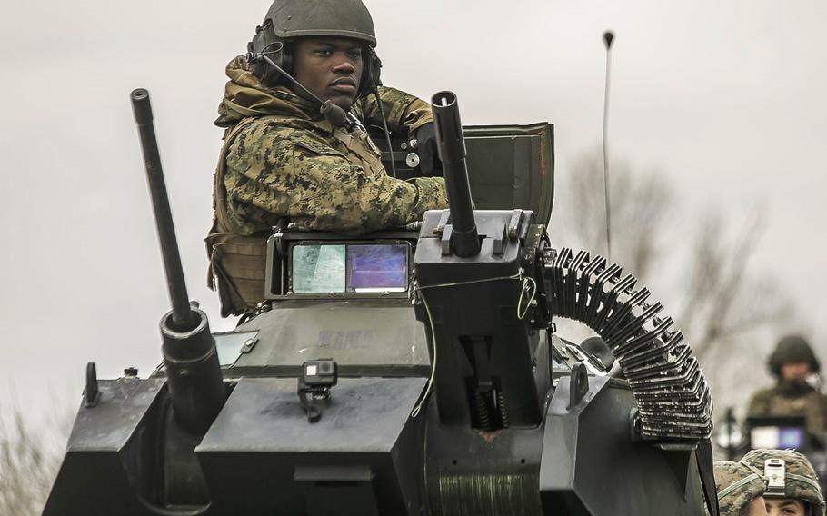 First Lt. Isaac Seals, a platoon commander in the 26th Marine Expeditionary Unit, supervises a team movement to a staging site on March 9, 2018 at Capu Midia training area during Spring Storm, a Romanian-led exercise in the Black Sea region. The unit is also participating in the Juniper Cobra exercise in Israel. 

