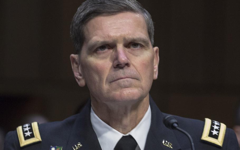 Gen. Joseph L. Votel, commander of the U.S. Central Command, listens to opening statements during a Senate Armed Services Committee hearing on Capitol Hill, March 13, 2018.
