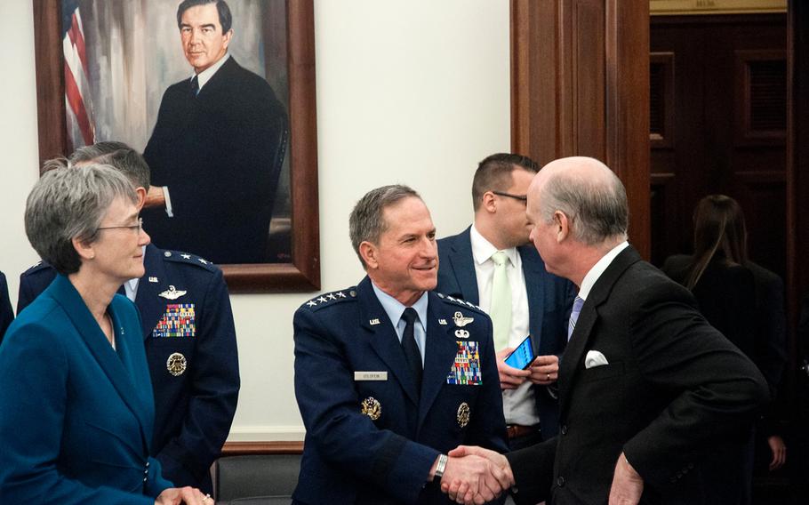 Air Force Chief of Staff Gen. David Goldfein shakes hands with U.S. Rep. Robert Aderholt, R-Ark., prior to the start of a House Appropriations Subcommittee on Defense budget hearing on Capitol Hill in Washington, D.C., on Wednesday, March 14, 2018. Looking on at left is Secretary of the Air Force Heather Wilson.