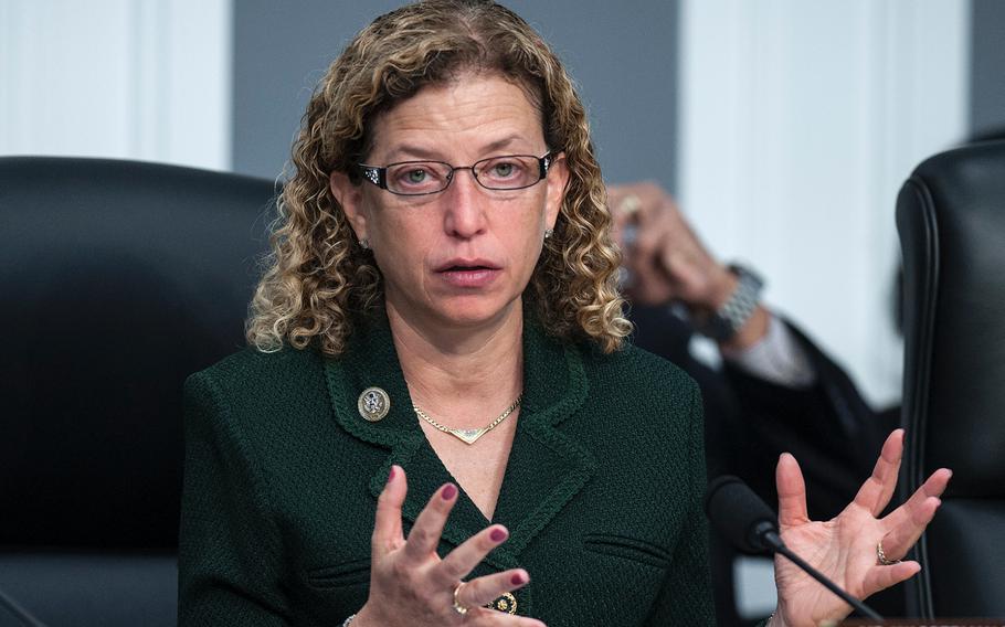 U.S. Rep. Debbie Wasserman Schultz, D-Fla., ranking member of the House Appropriations Subcommittee on Military Construction, Veterans Affairs and Related Agencies listens to testimony from VA Secretary David Shulkin during a hearing on Capitol Hill in Washington, D.C., on Thursday, March 15, 2018. Wasserman Schultz asked Shulkin whether anyone in President Donald Trump's administration was pressuring him to privatize the department.