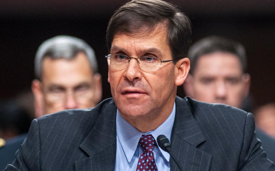 Army Secretary Mark Esper testifies during a hearing on Capitol Hill in Washington, D.C., on Dec. 7, 2017. During an interview in March 2018, Esper said there would "always be a need to help build allied or partnered forces," so the Army is seeking to quickly build its Security Force Assistance Brigades, which are designed to shoulder the bulk of the Pentagon’s train, advise and assist missions throughout the world.