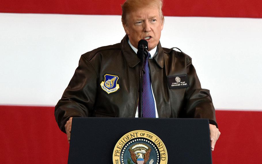 President Donald Trump speaks to servicemembers at Yokota Air Base, Japan, in November 2017.  The leaders of the three Baltic states are expected to press President Donald Trump Tuesday for more U.S. military support to defend NATO’s borders with Russia, where some allies are concerned about Moscow’s military advantage.