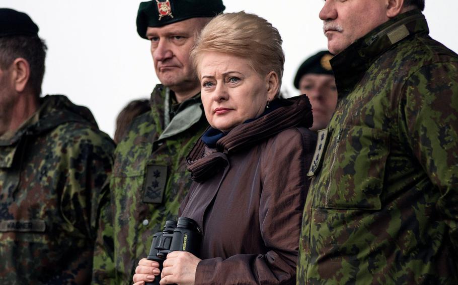 Lithuanian president Dalia Grybauskaite watches a NATO exercise in November 2015. She is one of three Baltic states leaders expected to press President Donald Trump Tuesday for more U.S. military support to defend NATO’s borders with Russia, where some allies are concerned about Moscow’s military advantage.