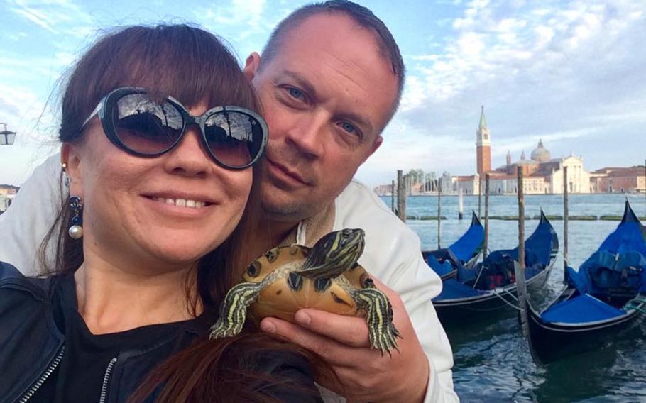 Leila and Bradley Kinser posed with their turtle in a 2016 Facebook photo.