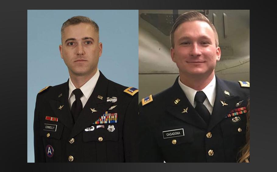 Chief Warrant Officer 3 Ryan Connolly, left, and Warrant Officer James Casadona were killed in a helicopter crash at Fort Campbell, on the Kentucky-Tennessee border on Friday, April 6, 2018.