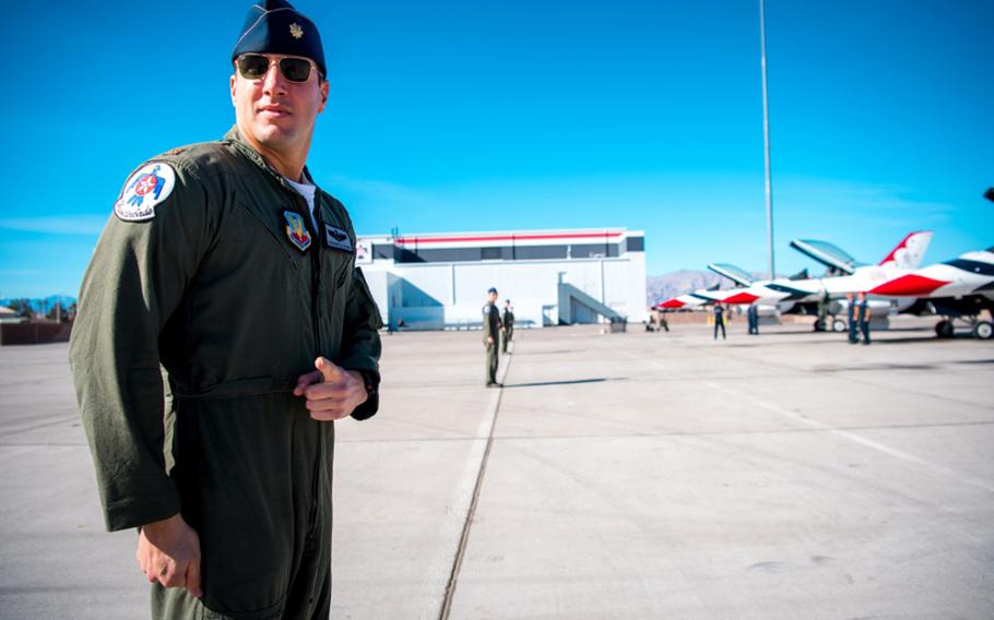 U.S. Air Force Maj. Stephen Del Bagno is shown at Nellis Air Force Base, Nev., Jan. 26, 2018. Del Bagno was killed in April, 2018 when his F-16 crashed during a training flight in Nevada.