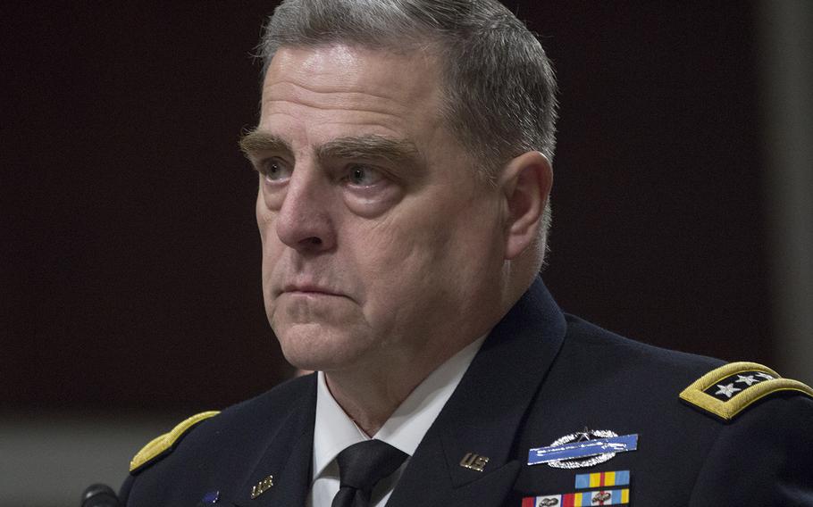 Army Chief of Staff Gen. Mark Milley listens to opening statements during a Senate Armed Services Committee hearing on Capitol Hill, April 12, 2018.