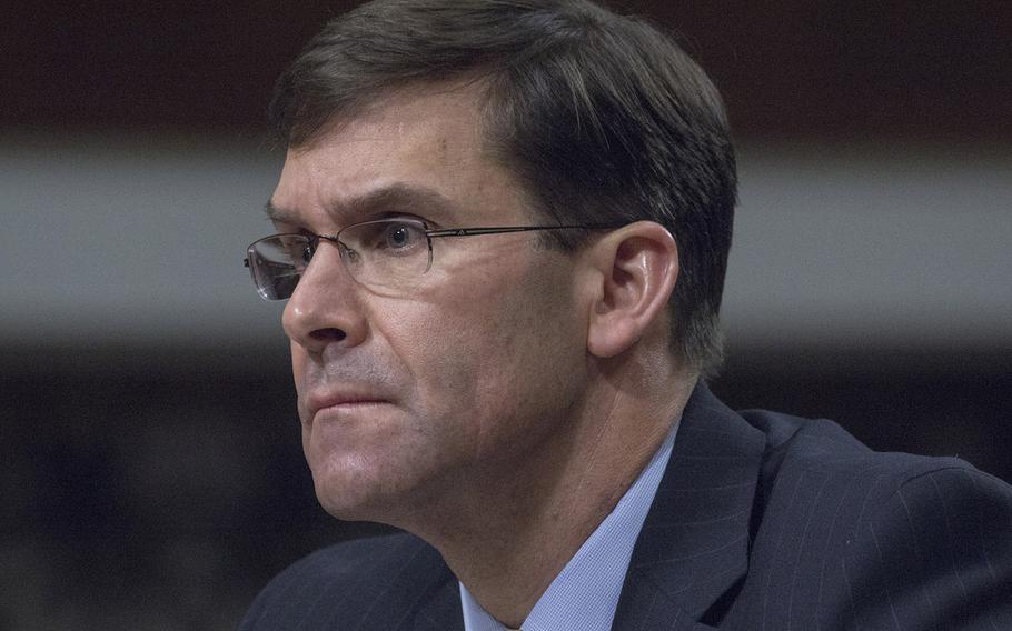 Secretary of the Army Mark Esper listens to opening statements during a Senate Armed Services Committee hearing on Capitol Hill, April 12, 2018.