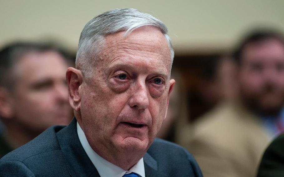 Secretary of Defense Jim Mattis testifies during a House Committee on Armed Services hearing on Capitol Hill in Washington, D.C., on Thursday, April 12, 2018.