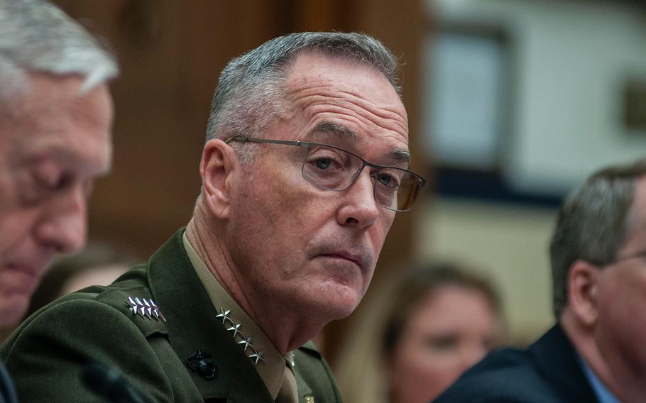 Chairman of the Joint Chiefs of Staff Joseph Dunford looks on during a House Committee on Armed Services hearing on Capitol Hill in Washington, D.C., on Thursday, April 12, 2018. Dunford told members of the committee that "this year’s budget ... reinforces our effort to develop the capabilities that we need both today and tomorrow."