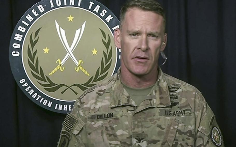 Army Col. Ryan S. Dillon, spokesman for Combined Joint Task Force-Operation Inherent Resolve, briefs Pentagon reporters by video on April 17, 2018.