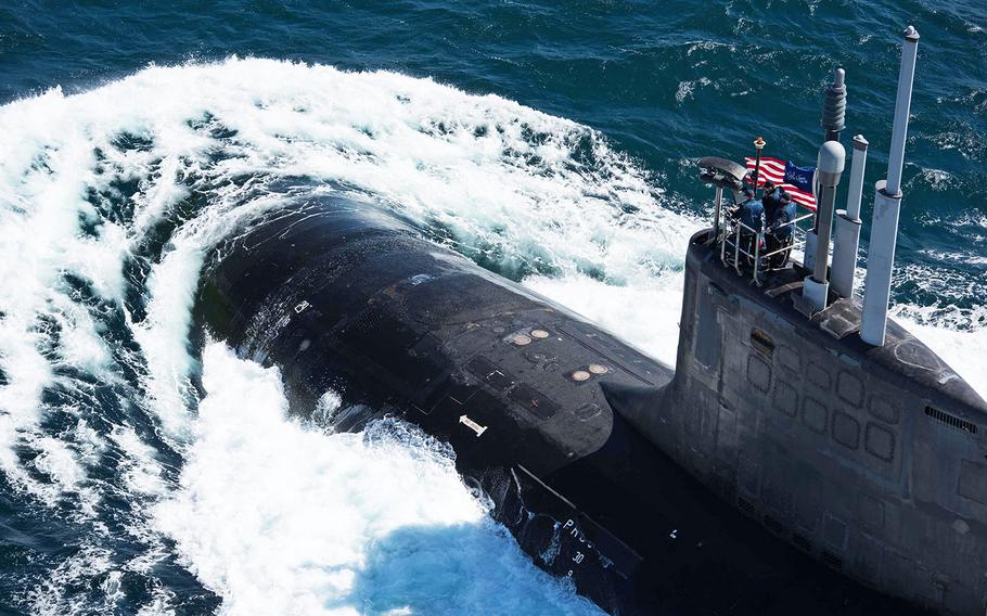 The Virginia-class nuclear submarine USS John Warner navigates in the Mediterranean Sea on March 5, 2018, during an exercise. After completing this exercise, the submarine passed near the Bay of Naples, causing the city's mayor to complain that it had violated a nuclear-free zone.