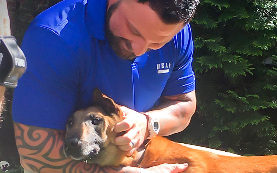 Retired military dog Emra was brought home to the United States from Korea, where she had been serving, and delivered into the arms of her former handler, Adam Wylie.