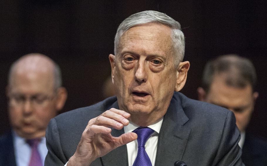 Defense Secretary Jim Mattis testifies before the Senate Armed Services Committee during a hearing on Capitol Hill in Washington, D.C., on Thursday, April 26, 2018.