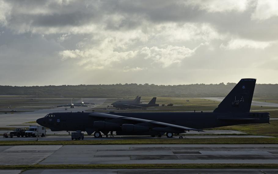A U.S. Air Force B-52 Stratofortress bomber takes off from Andersen Air Force Base, Guam March 13, 2018. 