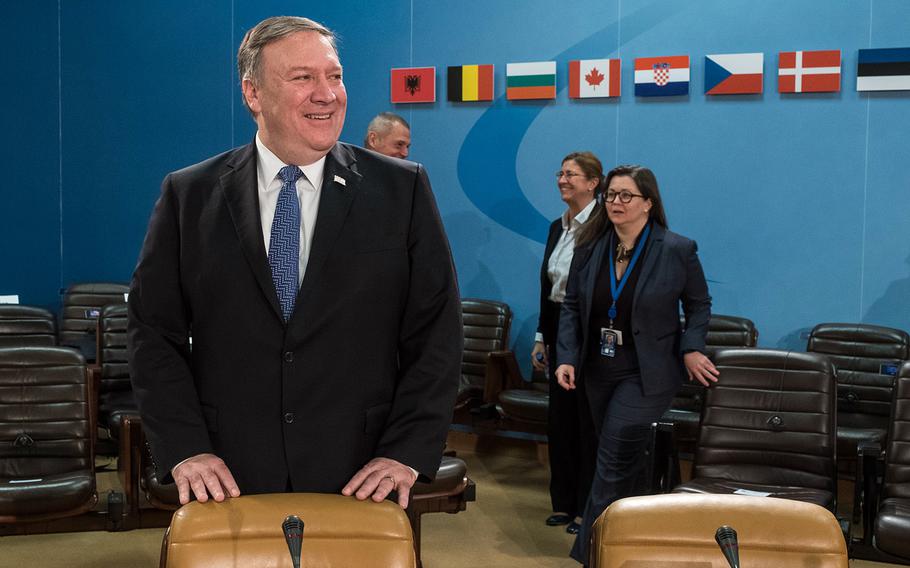 U.S. Secretary of State Mike Pompeo before the start of the foreign ministers meeting at NATO headquarters in Brussels on Friday, April 27, 2018.

