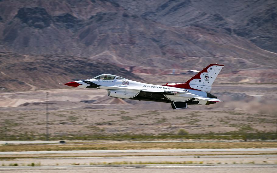 A Thunderbird pilot takes off as the U.S. Air Force demonstration team conducts their first training flight on April 18, 2018, following an aircraft mishap on April 4.

