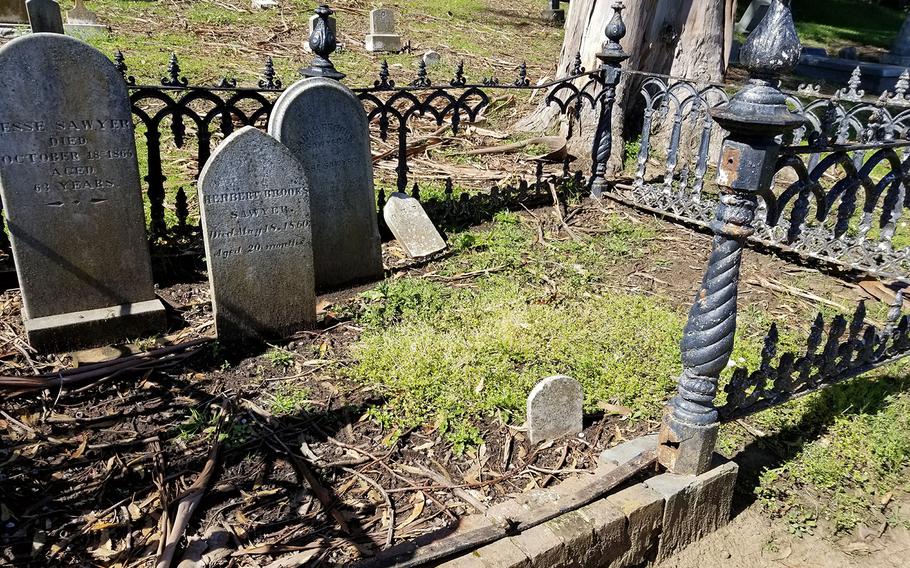 Between 1858 and 1921, the Mare Island Naval Cemetery in Vallejo, Calif., had 860 veterans buried there. In addition, nearly 100 plots at the site are the graves of military spouses, civilians who worked on the island, children and others. One of a few civilian family plots, the Sawyers, is surrounded by the remnants of an iron railing. The Sawyers were the base’s first shopkeepers and lived in one of Mare Island’s first homes. Their grandson, also buried there, died at 20 months. 