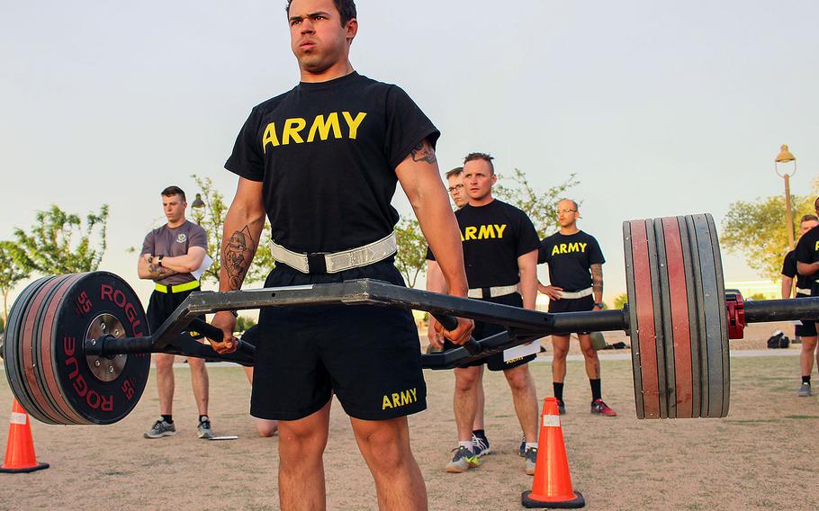 Spc. Briceton Lowrie, with 2d Battalion, 198th Armored Regiment, conducts a dead lift during a pilot program for the Army Combat Fitness Test at Fort Bliss, Texas, April 17, 2018. 