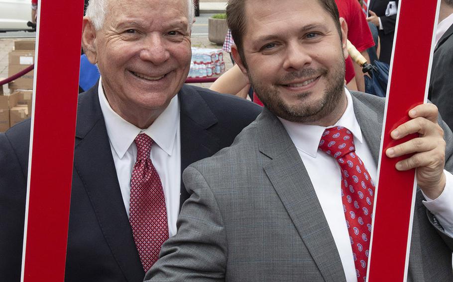 Sen. Ben Cardin, D-Md., left, and Rep. Ruben Gallego, D-Ariz., pose for a photo during a labor rally in Washington, D.C., July 25, 2018.