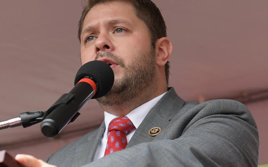 Rep. Ruben Gallego, D-Ariz., speaks at the American Federation of Government Employees rally in support of government employee unions on July 25, 2018. Gallego spoke of how important Veterans Affairs hospital workers were to him when he returned from deployment with the Marine Corps. 