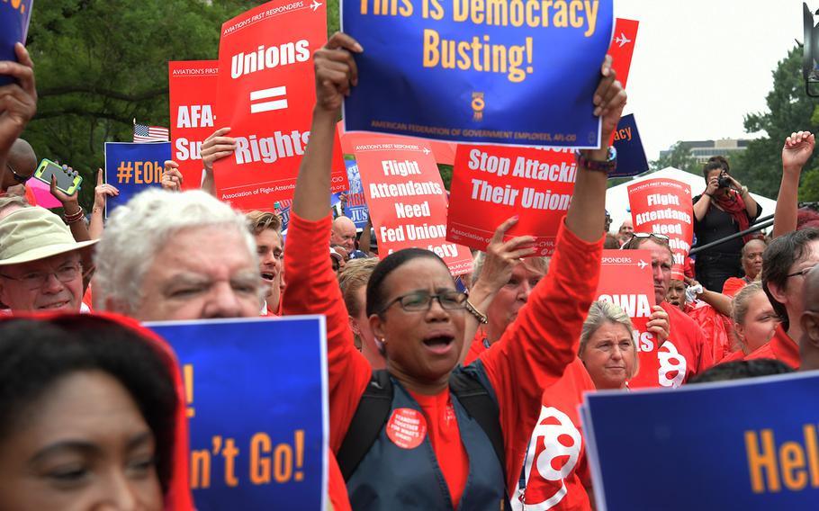 Federal workers rally in support of the American Federation of Government Employees on July 25, 2018 in Washington, D.C.