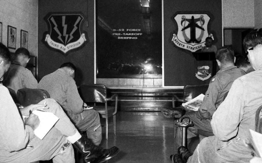 B-52 crewmembers at U-Tapao Royal Thai Navy Airfield are briefed before a mission over Southeast Asia in January, 1970.