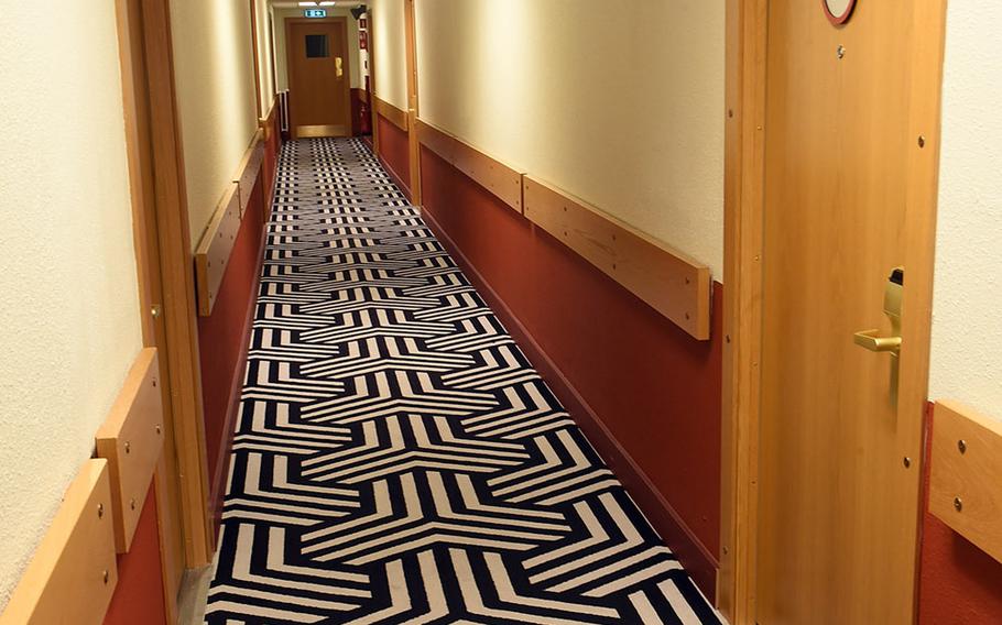 One of the hallways, with new carpet, at the Base Hotel and Hostel, which used to function as U.S. Navy barracks, in Keflavik, Iceland, Tuesday, August 15, 2018.