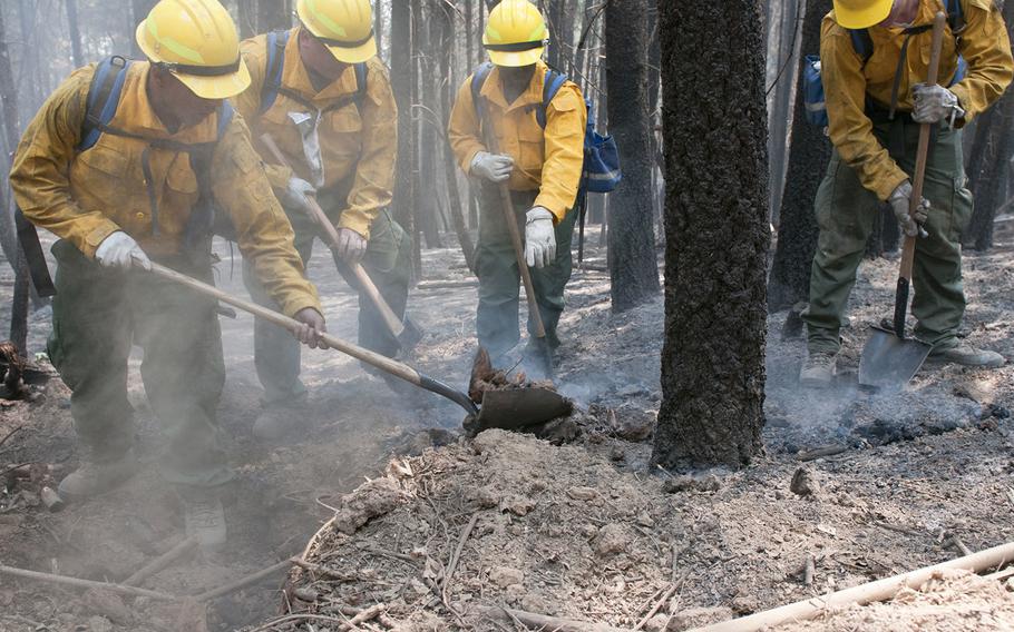 Soldiers assigned to 14th Brigade Engineer Battalion at Joint Base Lewis-McChord, Wash., dig out a hot spot, August 14, 2018, in Mendocino National Forest, Calif. The active-duty crew, supervised by two professional firefighter crew bosses, was tasked with cold trailing and mopping up hot spots in the black area of the Mendocino Complex Fire to support National Interagency Fire Center wildland fire fighting efforts.