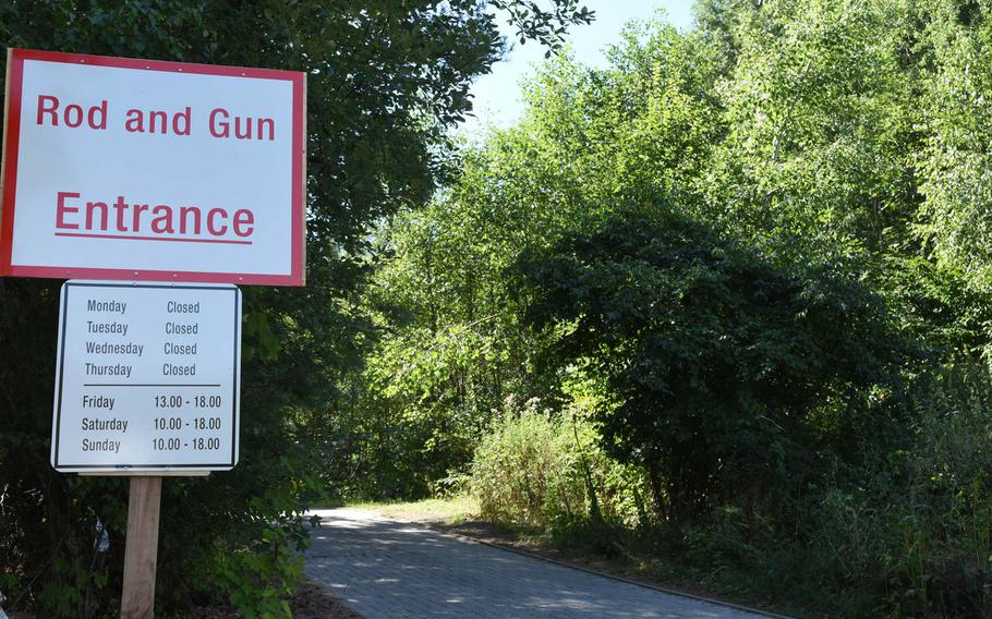 The entrance to the Kaiserslautern Rod and Gun Club heads up a slope into the forest off a side street outside of Vogelweh and Pulaski Barracks in Kaiserslautern, Germany, in August 2018.

