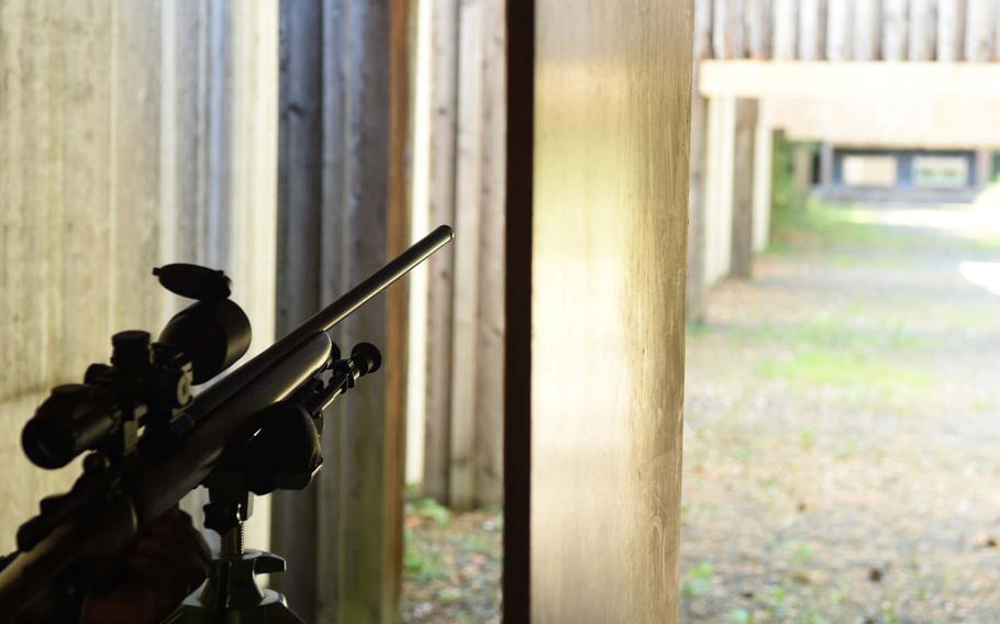 A rifle is mounted for target practice at the Kaiserslautern Rod and Gun Club's rifle range in Kaiserslautern, Germany, in August 2018.


