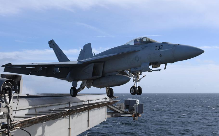 An F/A-18E Super Hornet, assigned to the “Knighthawks” of Strike Fighter Squadron (VFA) 136, launches from the Nimitz-class aircraft carrier USS Harry S. Truman as it operates in the North Sea on Sept. 30, 2018.