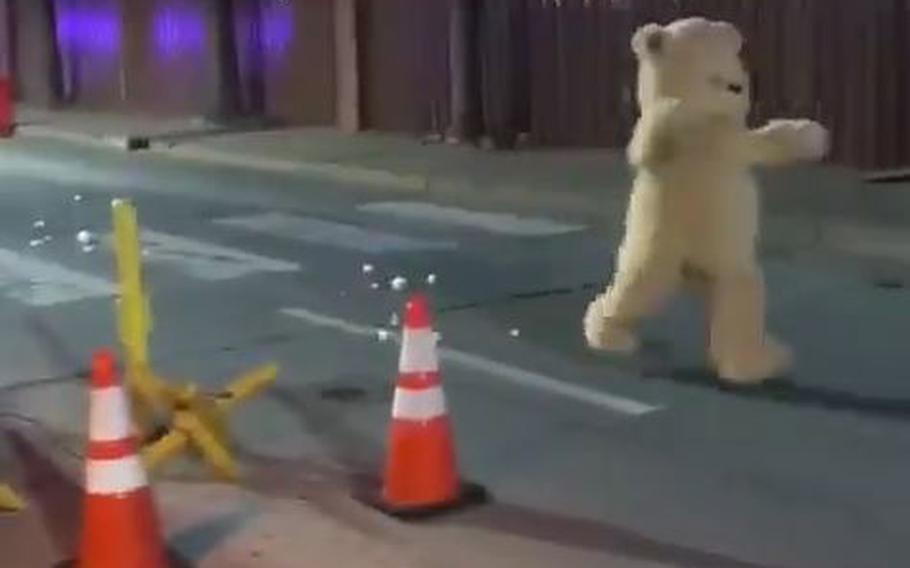 A giant teddy bear attempted to breach the gate at Sheppard Air Force Base as part of an exercise.