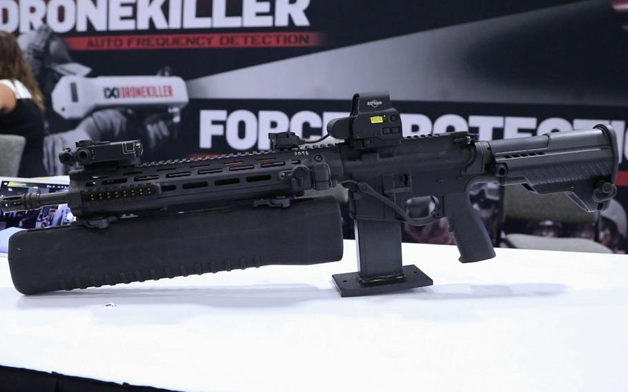 On display during the 2018 Association of the United States Army annual exposition Oct. 8, 2018 in Washington, D.C., is the newest iteration of the IXI DRONEKILLER. This model can attach beneath the barrel of an M4 rifle and can both detect and disrupt a drone. 