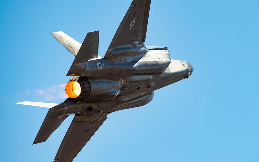 Capt. Andrew “Dojo” Olson, F-35 Heritage Flight Team pilot and commander, performs a tactical pitch maneuver in an F-35A Lightning II during the California Capital Airshow, Sept. 23, 2018, in Sacramento, Calif.